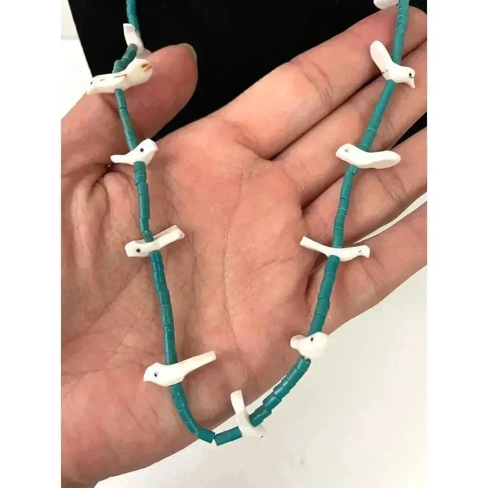 White Fetish Carved Birds‎ Shell Beaded Turquoise Necklace 22" Traditional